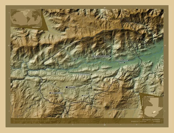Προγκρέσο Τμήμα Γουατεμάλας Χρωματιστός Υψομετρικός Χάρτης Λίμνες Και Ποτάμια Τοποθεσίες — Φωτογραφία Αρχείου