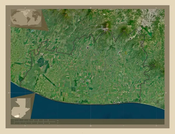 グアテマラのエスクイントラ県 高解像度衛星地図 地域の主要都市の場所 コーナー補助位置図 — ストック写真
