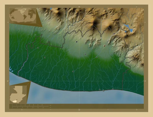 埃斯昆特拉 危地马拉省 有湖泊和河流的彩色高程图 该区域主要城市的所在地点 角辅助位置图 — 图库照片