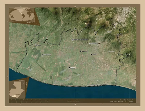 埃斯昆特拉 危地马拉省 低分辨率卫星地图 该区域主要城市的地点和名称 角辅助位置图 — 图库照片