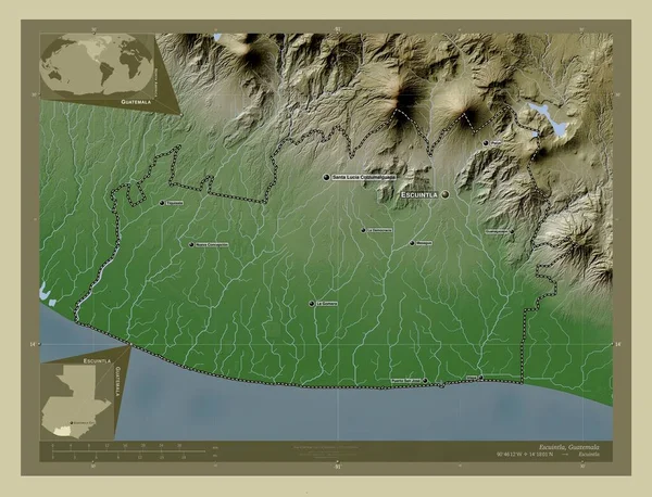 Escuintla Departament Gwatemali Mapa Wzniesień Kolorowa Stylu Wiki Jeziorami Rzekami — Zdjęcie stockowe