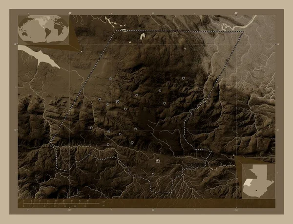Уэуэтенанго Департамент Гватемалы Карта Высоты Окрашенная Сепиевые Тона Озерами Реками — стоковое фото