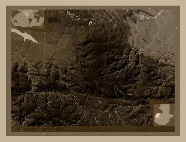 Уэуэтенанго Департамент Гватемалы Карта Высоты Окрашенная Сепиевые Тона Озерами Реками — стоковое фото