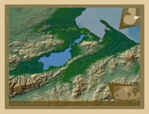 Izabal Oddělení Guatemaly Barevná Mapa Jezery Řekami Umístění Velkých Měst — Stock fotografie
