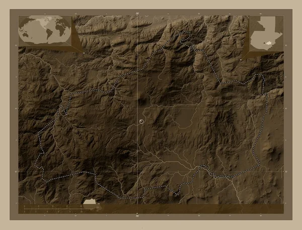 과테말라의 세피아 색으로 지도는 호수와 강으로 울려퍼진다 Corner Auxiliary Location — 스톡 사진