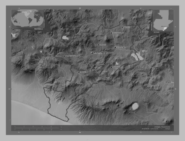 Jutiapa Departement Guatemala Grayscale Hoogte Kaart Met Meren Rivieren Locaties — Stockfoto