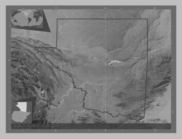 Peten Department Guatemala Grayscale Elevation Map Lakes Rivers Corner Auxiliary — Stock Photo, Image