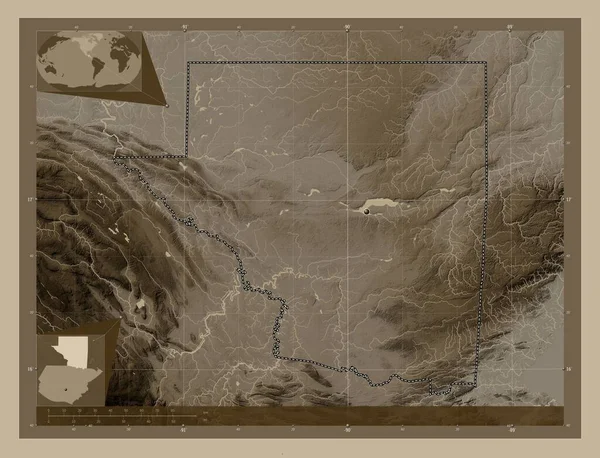 Питен Департамент Гватемалы Карта Высоты Окрашенная Сепиевые Тона Озерами Реками — стоковое фото