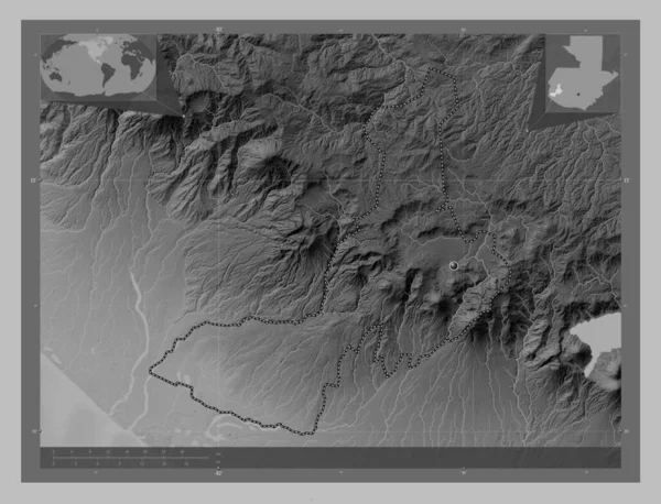 Quezaltenango 危地马拉省 带有湖泊和河流的灰度高程图 角辅助位置图 — 图库照片