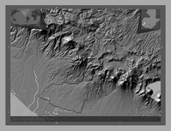 グアテマラのクアルテンゴ県出身 湖や川と二階の標高マップ コーナー補助位置図 — ストック写真
