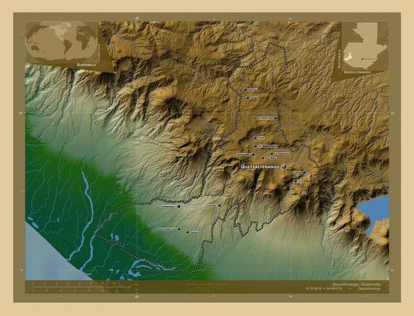 Quezaltenango 危地马拉省 有湖泊和河流的彩色高程图 该区域主要城市的地点和名称 角辅助位置图 — 图库照片