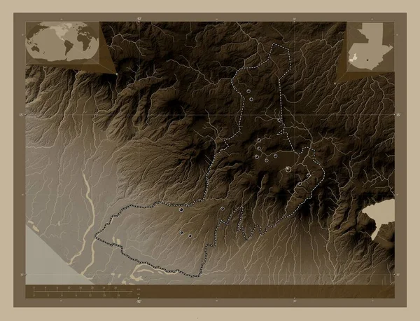 Quezaltenango Τμήμα Γουατεμάλας Υψόμετρο Χάρτη Χρωματισμένο Τόνους Σέπια Λίμνες Και — Φωτογραφία Αρχείου