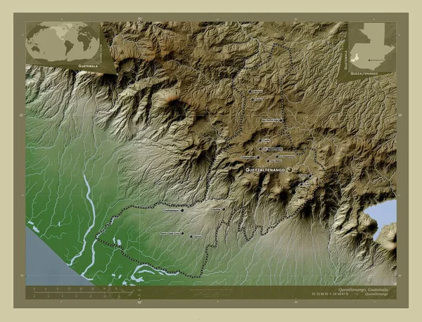 Quezaltenango Department Guatemala Elevation Map Colored Wiki Style Lakes Rivers — Stock Photo, Image