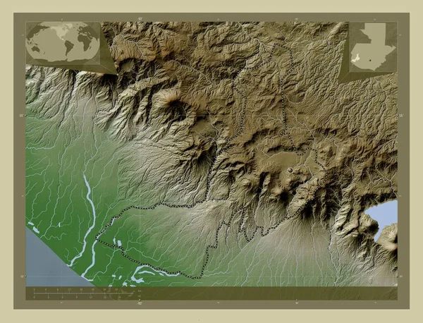 Quezaltenango Departament Gwatemali Mapa Wzniesień Kolorowa Stylu Wiki Jeziorami Rzekami — Zdjęcie stockowe