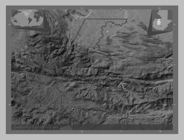 Quiche Departament Gwatemali Mapa Wzniesień Skali Szarości Jeziorami Rzekami Lokalizacje — Zdjęcie stockowe