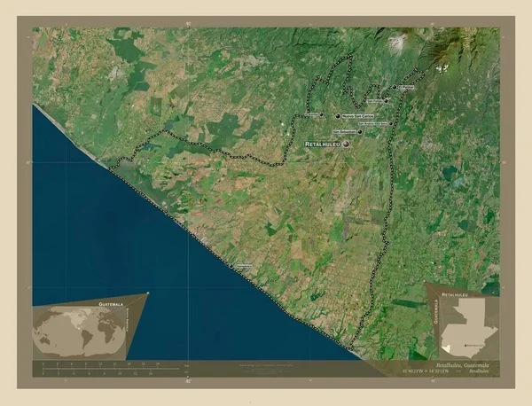 グアテマラのレタルフル県 高解像度衛星地図 地域の主要都市の位置と名前 コーナー補助位置図 — ストック写真