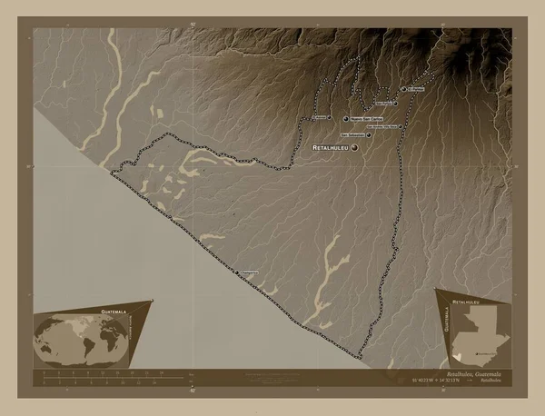 Retalhuleu Departamento Guatemala Mapa Elevación Coloreado Tonos Sepia Con Lagos — Foto de Stock