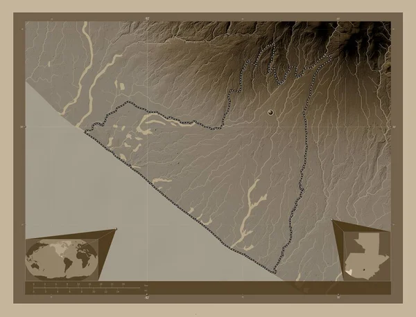 Ρεταλχουλέου Τμήμα Γουατεμάλας Υψόμετρο Χάρτη Χρωματισμένο Τόνους Σέπια Λίμνες Και — Φωτογραφία Αρχείου
