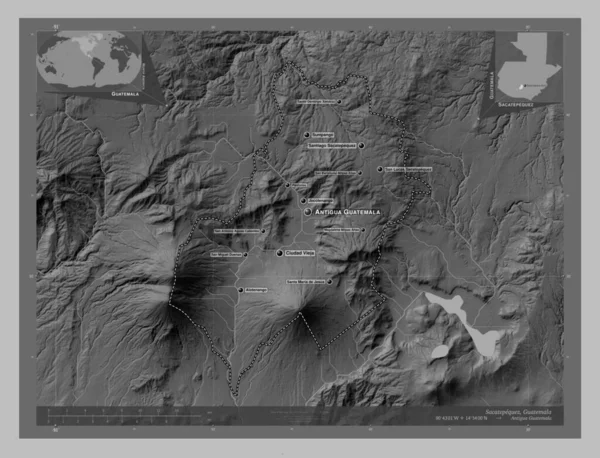 危地马拉省Sacatepequez 带有湖泊和河流的灰度高程图 该区域主要城市的地点和名称 角辅助位置图 — 图库照片