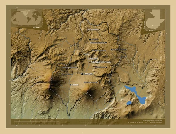 グアテマラのサカテペケスだ 湖や川と色の標高マップ 地域の主要都市の位置と名前 コーナー補助位置図 — ストック写真