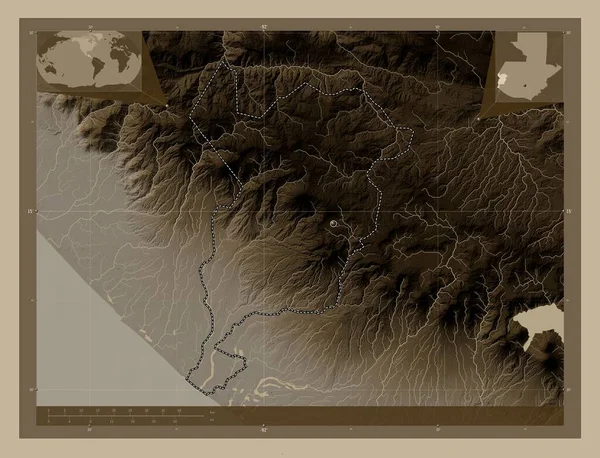 危地马拉省圣马科斯 高程图 用深紫色调涂上湖泊和河流 角辅助位置图 — 图库照片