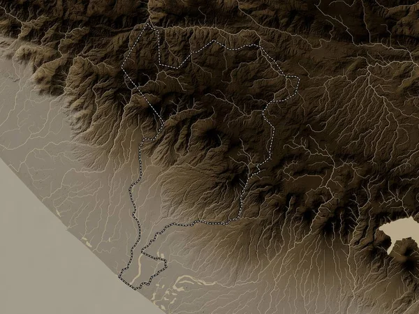 San Marcos, department of Guatemala. Elevation map colored in sepia tones with lakes and rivers