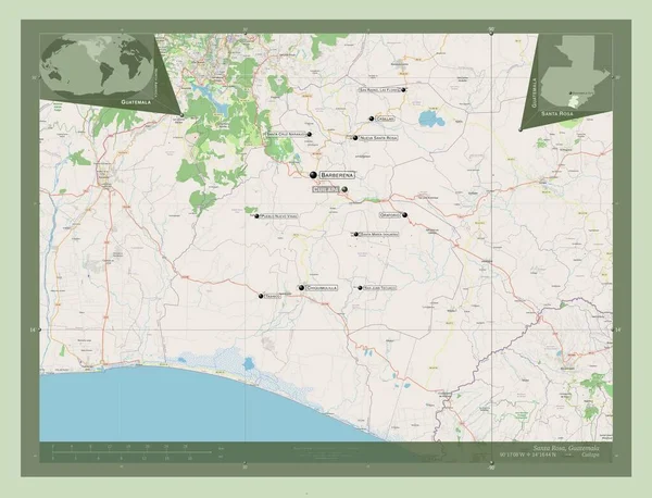 圣塔罗莎 危地马拉省开放街道地图 该区域主要城市的地点和名称 角辅助位置图 — 图库照片