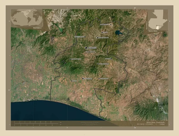 圣塔罗莎 危地马拉省高分辨率卫星地图 该区域主要城市的地点和名称 角辅助位置图 — 图库照片