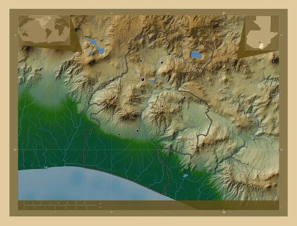 Σάντα Ρόζα Τμήμα Γουατεμάλας Χρωματιστός Υψομετρικός Χάρτης Λίμνες Και Ποτάμια — Φωτογραφία Αρχείου