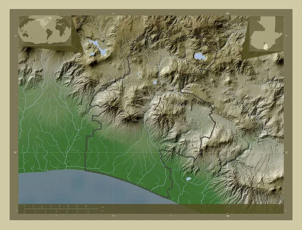 圣塔罗莎 危地马拉省用Wiki风格绘制的带有湖泊和河流的高程地图 角辅助位置图 — 图库照片