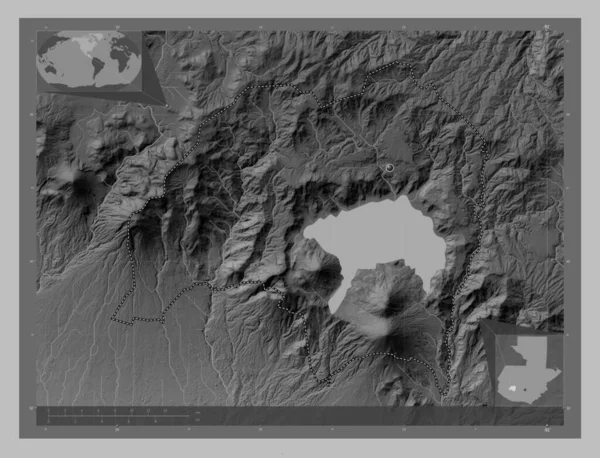 索罗拉 危地马拉省 带有湖泊和河流的灰度高程图 角辅助位置图 — 图库照片