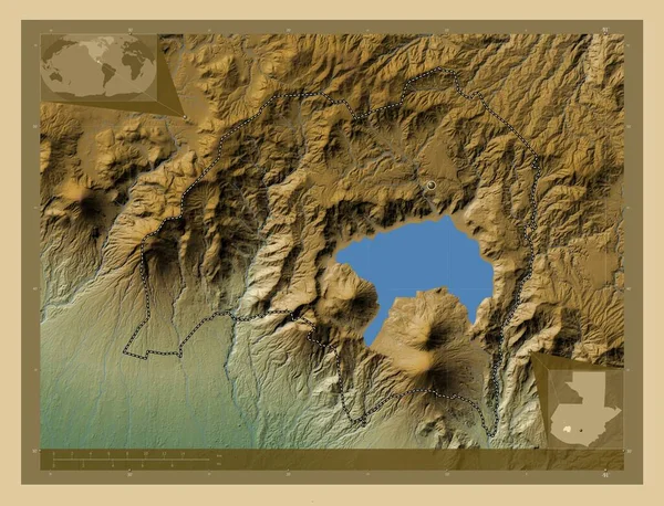 Solola Department Guatemala Colored Elevation Map Lakes Rivers Corner Auxiliary — Stock Photo, Image