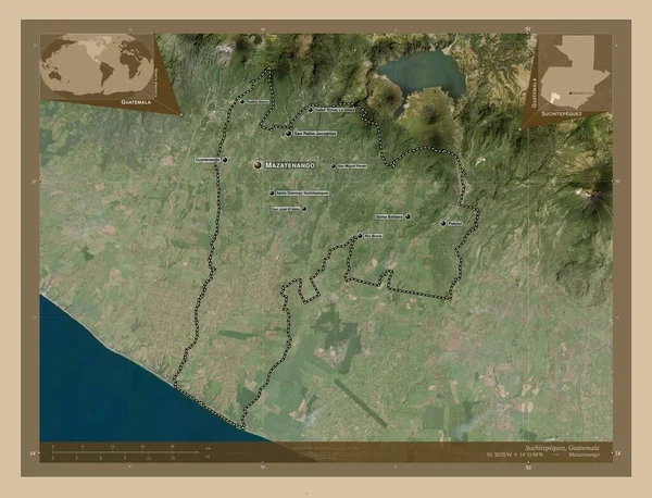 グアテマラのスキテペケスだ 低解像度衛星地図 地域の主要都市の位置と名前 コーナー補助位置図 — ストック写真