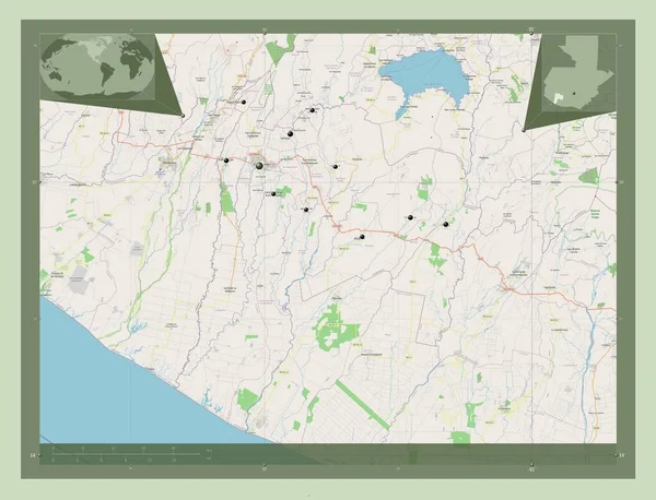 危地马拉省的Suchitepequez 开放街道地图 该区域主要城市的所在地点 角辅助位置图 — 图库照片