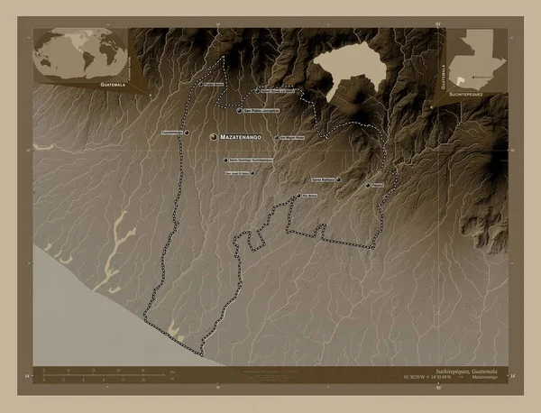 Suchitepequez Departament Gwatemali Mapa Elewacji Kolorowe Sepia Dźwięki Jeziorami Rzekami — Zdjęcie stockowe