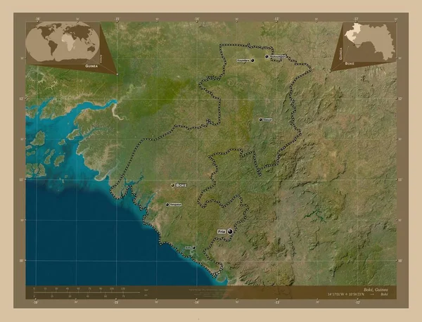 Boke Region Guinea 低分辨率卫星地图 该区域主要城市的地点和名称 角辅助位置图 — 图库照片