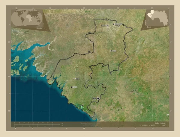 Boke Región Guinea Mapa Satelital Alta Resolución Ubicaciones Nombres Las — Foto de Stock