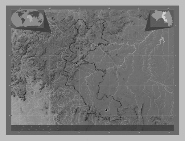 Faranah Region Guinea Grayscale Elevation Map Lakes Rivers Locations Major — Stock Photo, Image