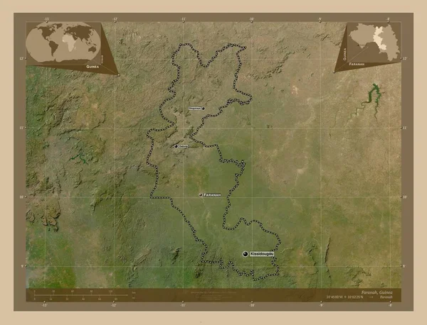 ファラナー ギニアの地域 低解像度衛星地図 地域の主要都市の位置と名前 コーナー補助位置図 — ストック写真