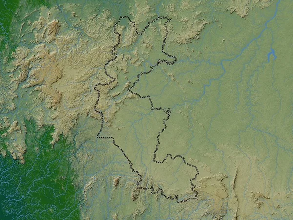 Faranah Región Guinea Mapa Elevación Colores Con Lagos Ríos —  Fotos de Stock