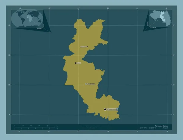 ファラナー ギニアの地域 しっかりした色の形 地域の主要都市の位置と名前 コーナー補助位置図 — ストック写真