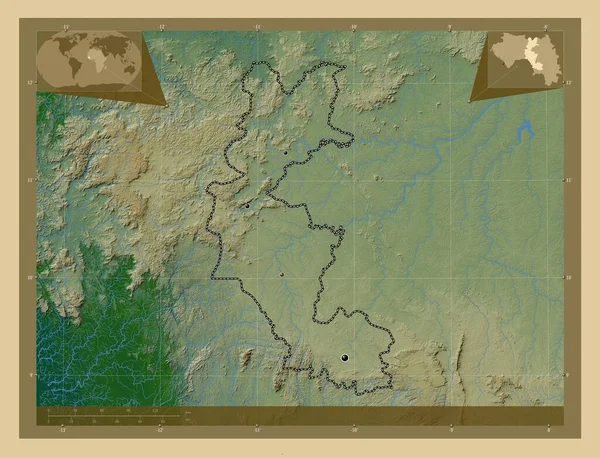 Faranah Region Guinea Farbige Übersichtskarte Mit Seen Und Flüssen Standorte — Stockfoto