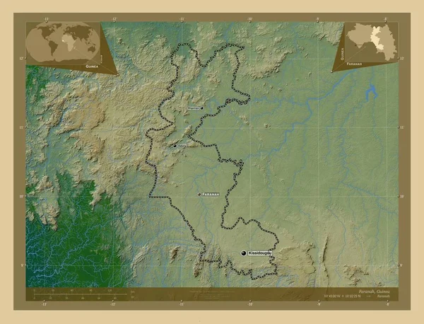 Faranah Region Guinea Colored Elevation Map Lakes Rivers Locations Names — Stock Photo, Image