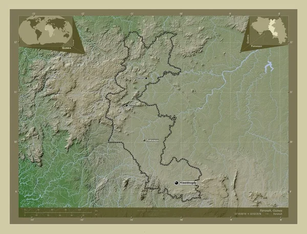 几内亚地区的Faranah 用Wiki风格绘制的带有湖泊和河流的高程地图 该区域主要城市的地点和名称 角辅助位置图 — 图库照片