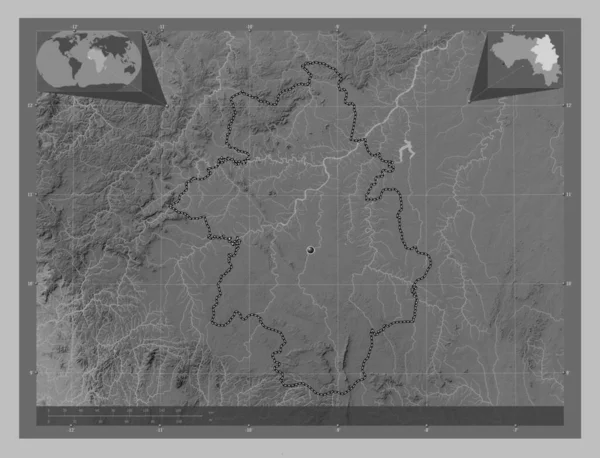 Kankan Regionen Guinea Grayscale Höjdkarta Med Sjöar Och Floder Hjälpkartor — Stockfoto
