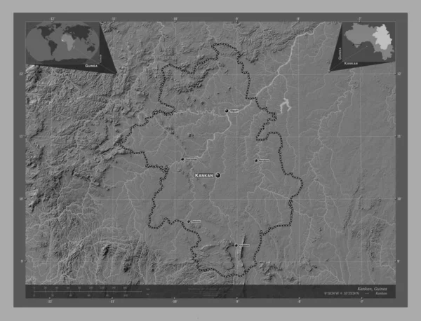 Kankan Regio Van Guinee Hoogteplattegrond Met Meren Rivieren Locaties Namen — Stockfoto