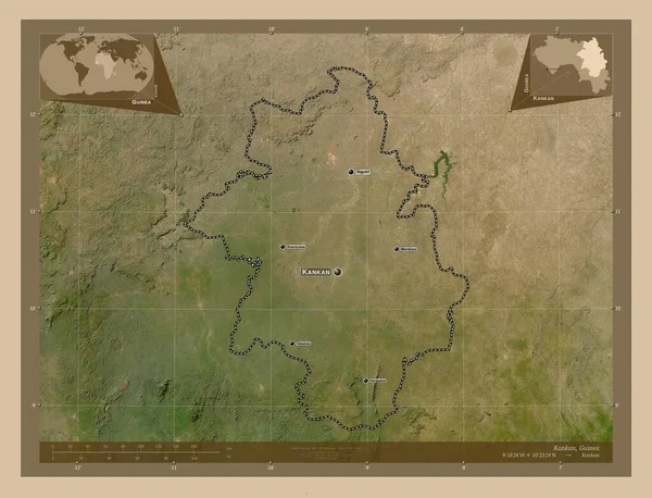 Kankan 几内亚地区 低分辨率卫星地图 该区域主要城市的地点和名称 角辅助位置图 — 图库照片