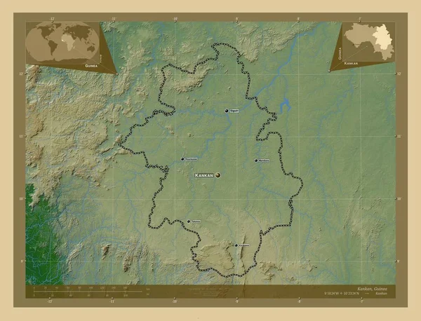 Kankan Región Guinea Mapa Elevación Colores Con Lagos Ríos Ubicaciones — Foto de Stock