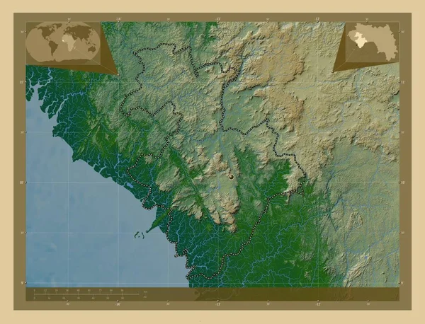 Киндия Регион Гвинеи Цветная Карта Высоты Озерами Реками Вспомогательные Карты — стоковое фото