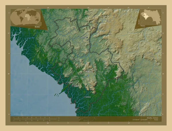 Kindia Region Gwinei Kolorowa Mapa Wzniesień Jeziorami Rzekami Lokalizacje Nazwy — Zdjęcie stockowe